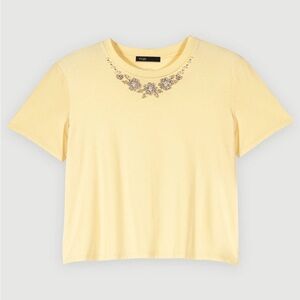 Maje Yellow Cotton T-Shirt with Jewel Collar